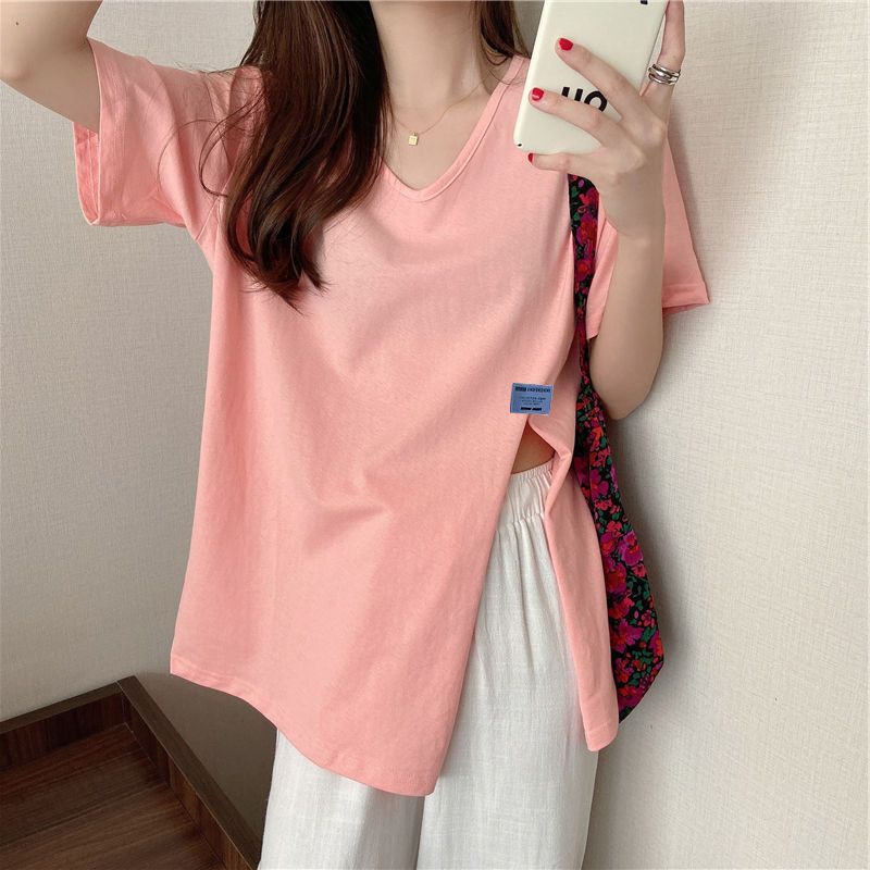 스플릿 V-넥 쇼트 슬리브 티셔츠 여성의 2022 년 새로운 느슨한 인터넷 연예인 프라이드 스트리트 불규칙한 디자인 탑