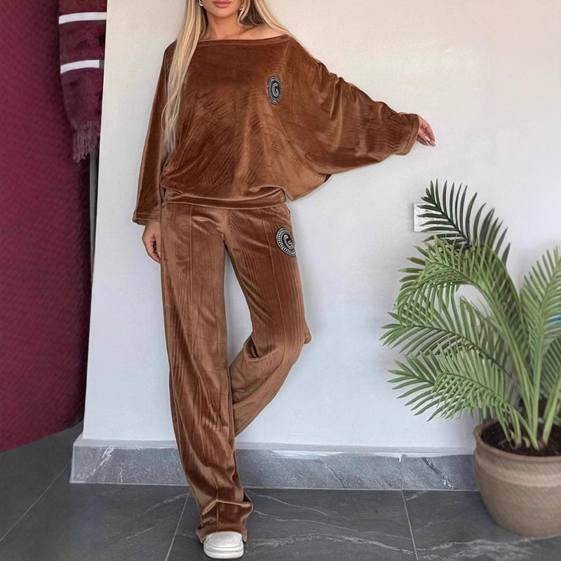 2024 European and American Style Cross-Border Popular Women's Clothing Spring and Autumn Gold Velvet Pure Color Round Neck Bat Sleeve Casual Two-Piece Women's Clothing