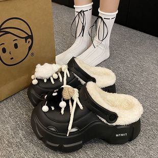 Cute fur ball hole shoes for men and women fleece-lined outdoor wear winter EVA thick-soled increased warm cotton shoes for lovers