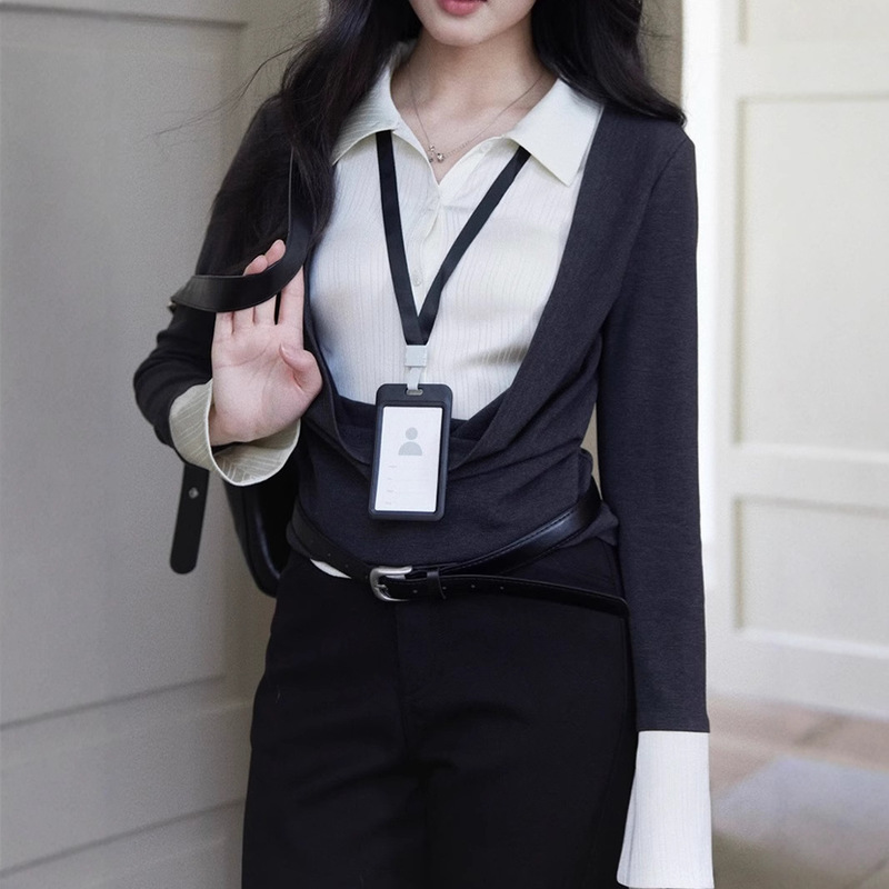 Er Yang [Su Yu] フェイクツーピーススイングカラーセーターステッチサテンシャツレディースハイエンドデザイントップ|undefined