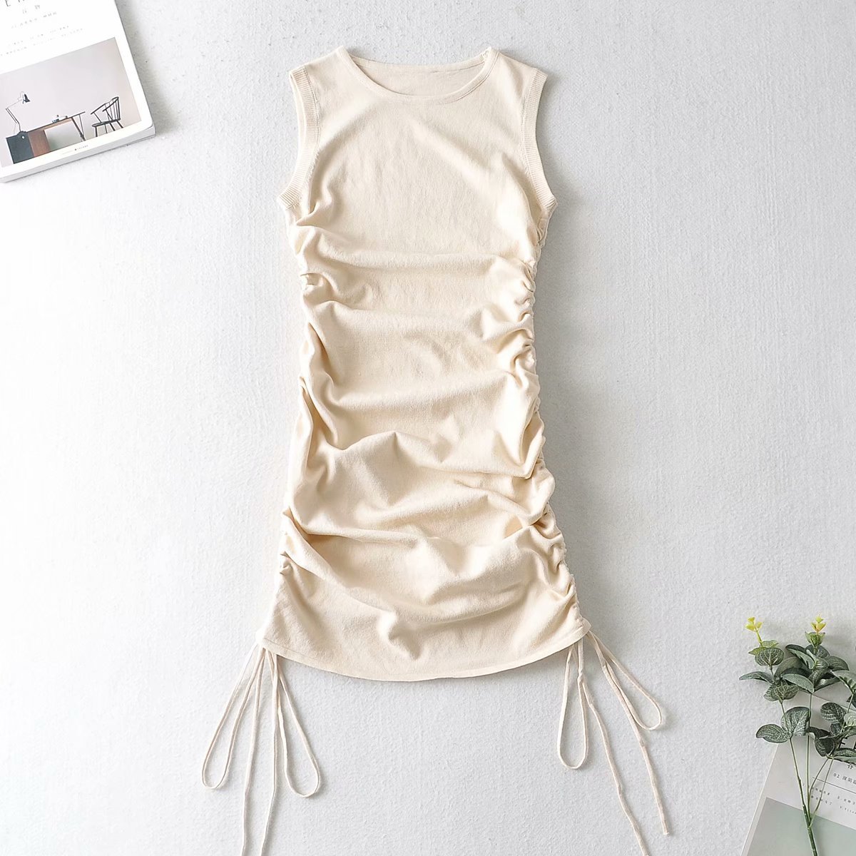 spring round neck knit double side drawstring dress NSAM25630