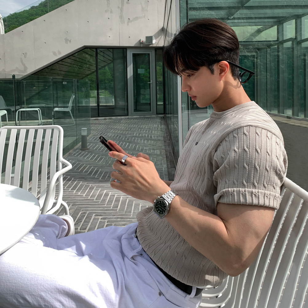 Korean Men's Clothing Dongdaemun Knitwear Short-Sleeved Henry Collar Hemp Texture Tee Shirt American Fashion and Leisure