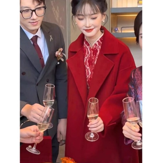 New year women's double-sided cashmere red coat coat toast dress bride wedding binding wedding dress autumn and winter