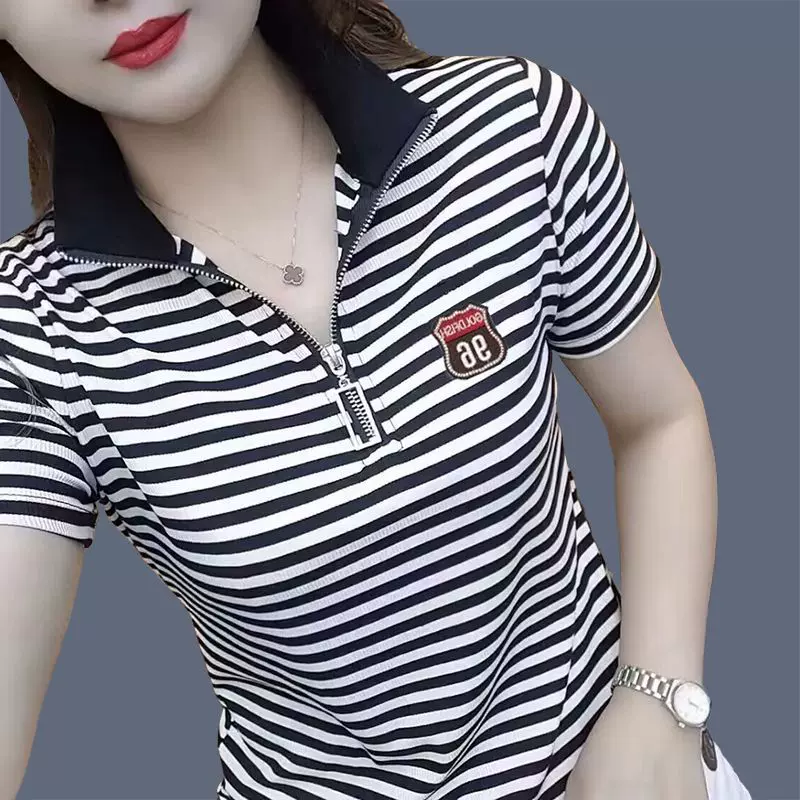 【包领】夏季短袖t恤女拉链上衣时尚百搭翻领体恤大码中年妈妈小