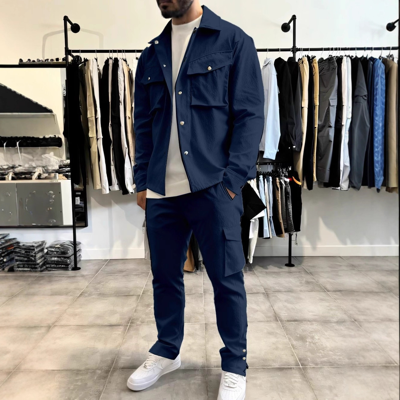 Monochrome Man- Cross-Border European American Spring/Autumn Men's Fashion Workwear Jacket Pants Set With Multi-Pocket Design And_voghion.com