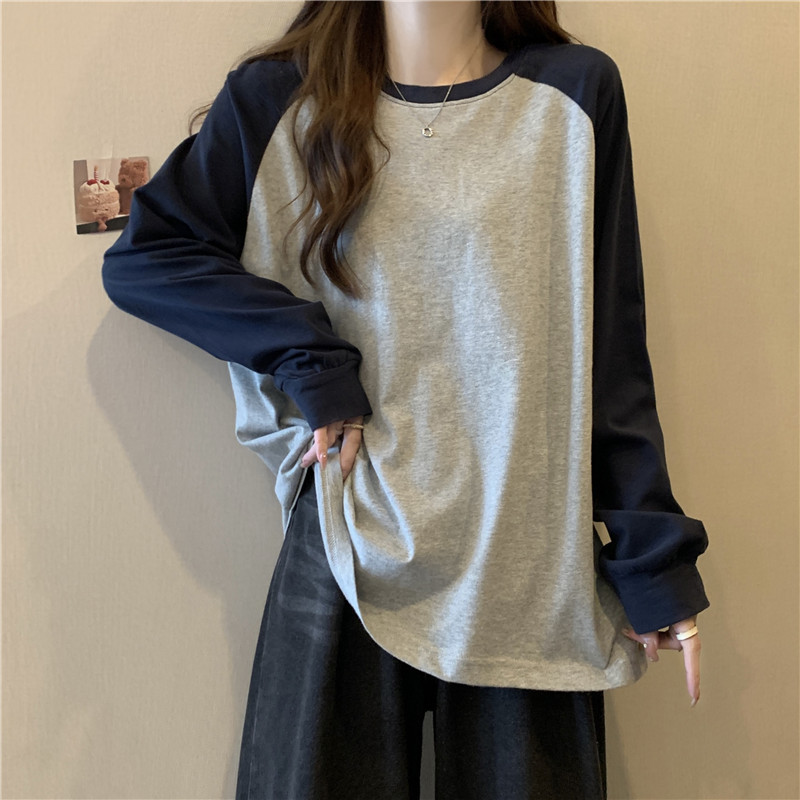American Style Retro Raglan Hat-less Crewneck T-shirt Women's Long-sleeved Spring and Autumn Design Sense Loose oversize Couple Top