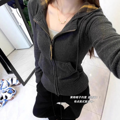 美式复古格子拉链连帽短款修身韩系针织毛衣开衫外套女秋冬上衣