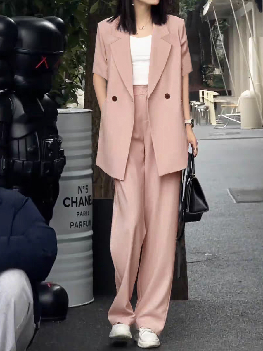 Women's Clothing Summer thin suit wide leg pants suit women's large size women's clothing fat MM 200 pounds loose short sleeved suit jacket_voghion.com