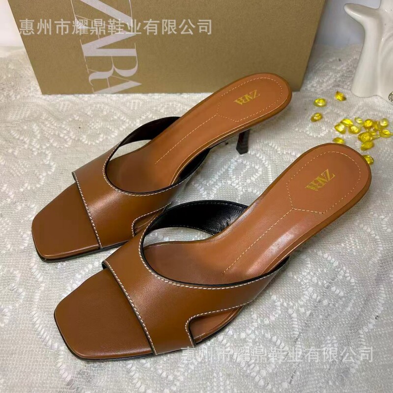Za's 2025 Autumn New French-Style Brown Square-Toe Open-Toe Cut-Out Single-Strap Backless Stiletto High-Heeled Sandals for Women