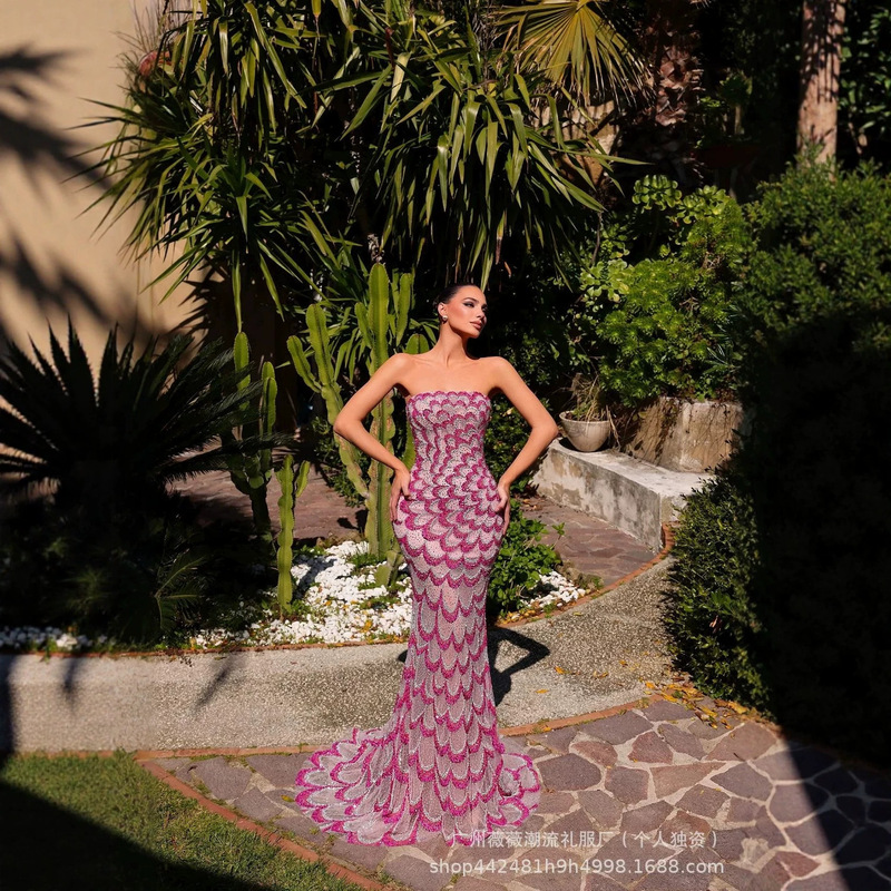 Cross-Border Foreign Trade Factory Direct Sale Strapless Sequin Fish Scale Embroidery Beaded Party Evening Long Polar Evening Dress for Women