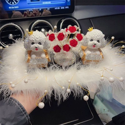 center console Diamond-embedded shaking | Car ornaments - crown-dog2red-rose-gypsophilagenerous-pearl-cushionglue-10