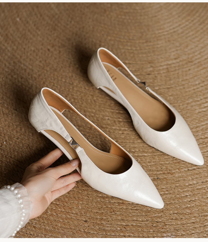 Sandal nữ da cừu mũi nhọn gót thấp hở mũi kiểu Hàn Quốc — đen chi tiết 6