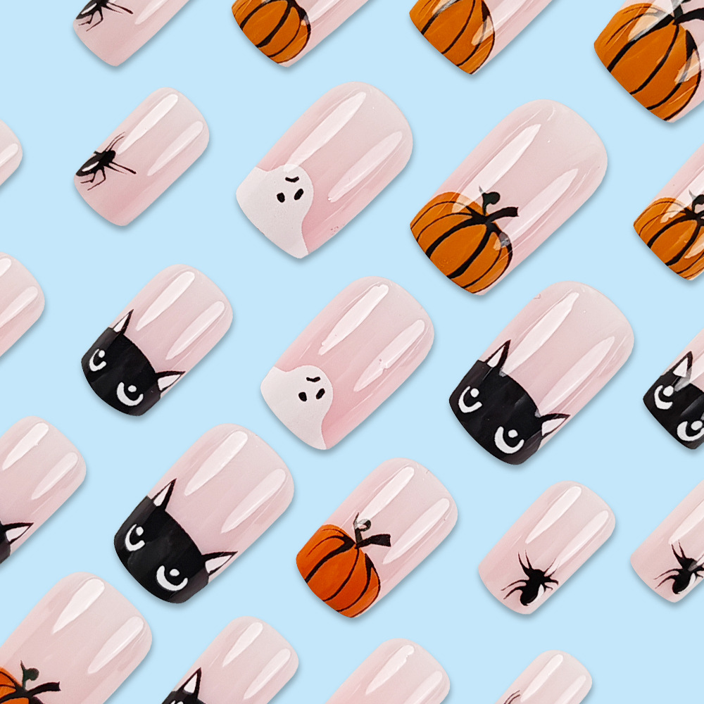 Halloween simple manicure rosa encantador fantasma calabaza uña falsa de dibujos animados gatito usar uñas ventas transfronterizas calientes