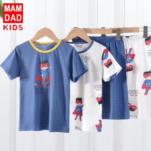 new children's short-sleeved suit bamboo cotton breathable sweat-absorbent boys and girls home clothes suit baby pajamas