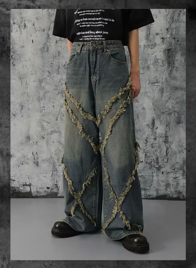 Unisex High Street Vintage Washed Distressed Patchwork Jeans Relaxed Wide Leg Straight Denim Pants for Men And Women_mkmklike.com