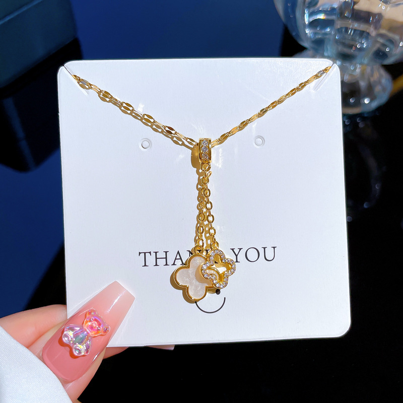 Fashion Four Leaf Clover Titanium Steel Inlay Artificial Diamond Pendant Necklace 1 Piece