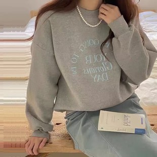 In-Stock Korean Letter Print Crew Neck Sweatshirt Loose Design Fashion Loose Sweatshirt Korean Style