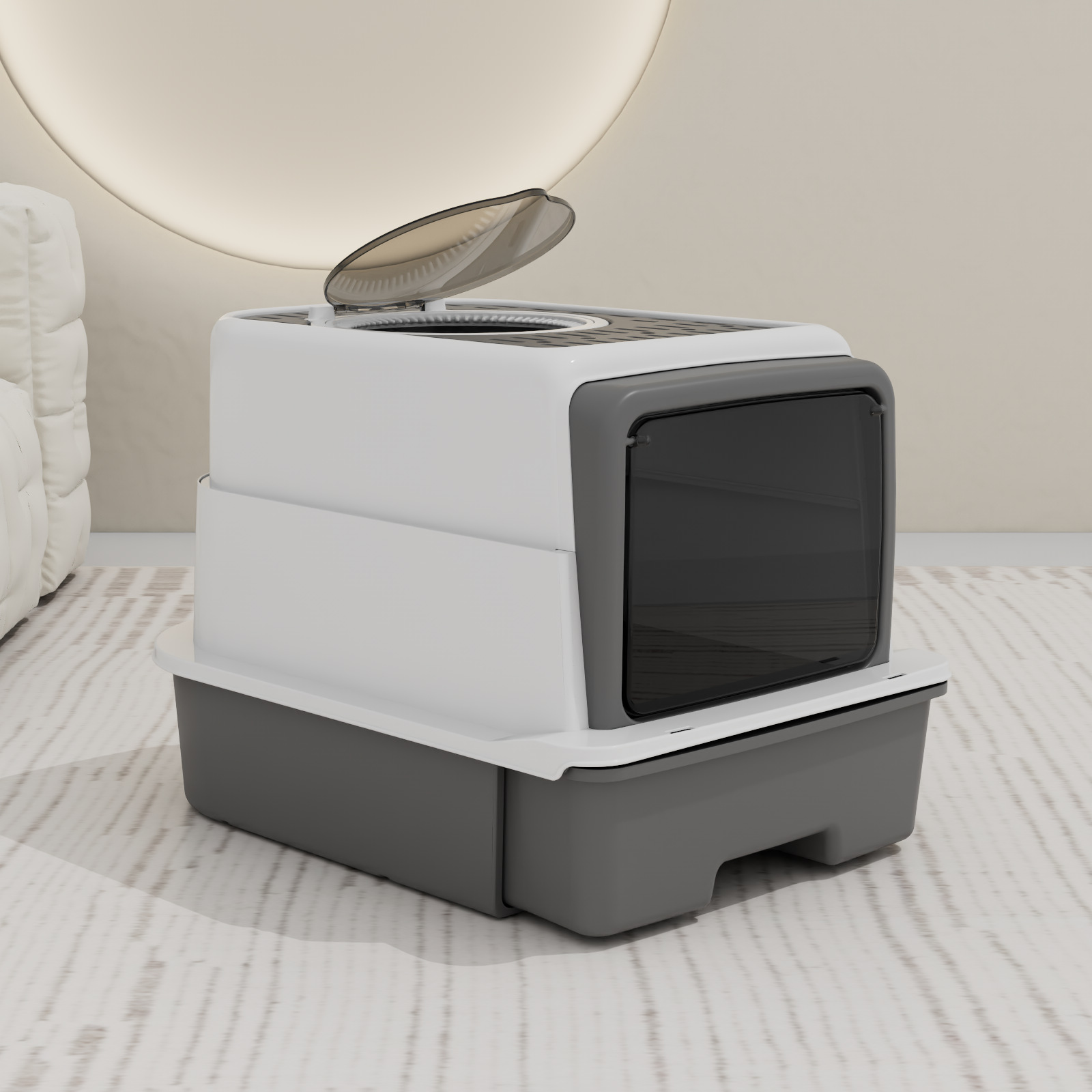 La caja de arena para gatos está completamente cerrada, los productos para gatos, el inodoro para gatos de gran tamaño, la arena y el olor