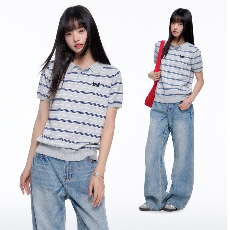 Special offer pure cotton short-sleeve T-shirt knit top for women, new summer style with striped embroidery, regular shoulder, contrasting color POLO collar top Special offer pure cotton short-sleeve T-shirt knit top for women, new summer style with striped embroidery, regular shoulder, contrasting color POLO collar top