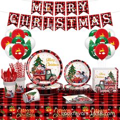 新しい赤いチェック柄クリスマスパーティーの装飾クリスマスツリー雪だるま使い捨て紙皿紙コップティッシュ食器セット