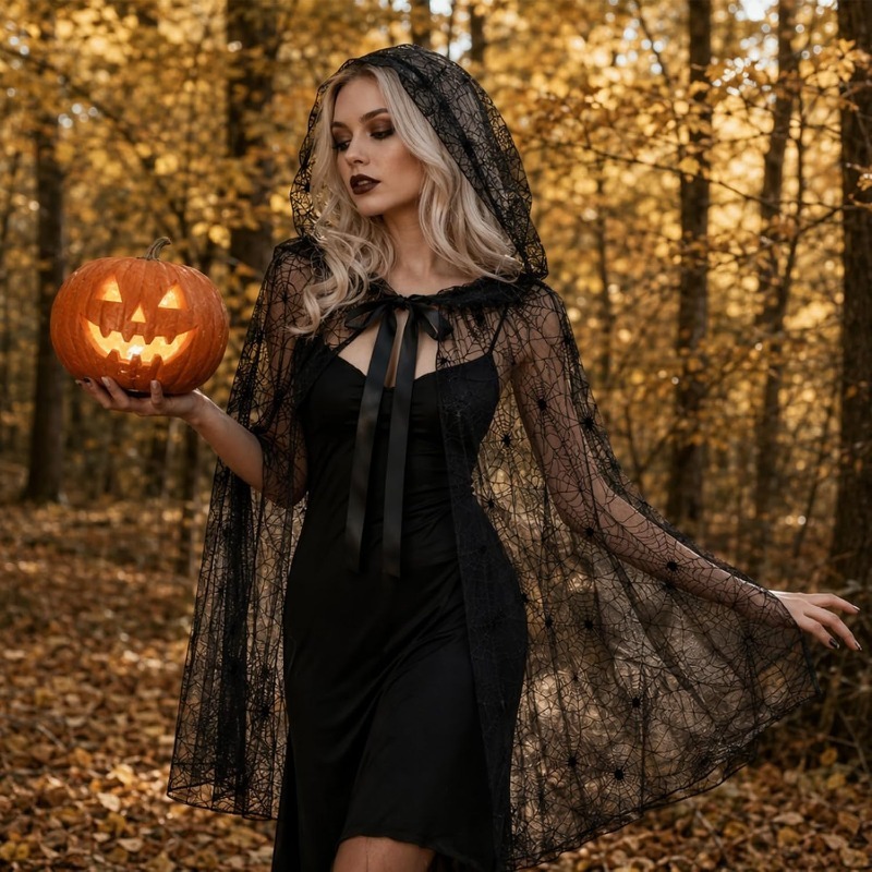 Halloween cape gothic witch robe carnival night black spider lace shawl see-through sheer hooded cape