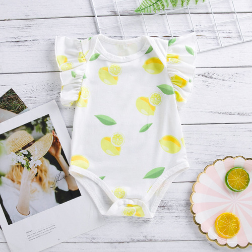 Factory direct sales  new summer baby newborn clothes printed lemon flying sleeves baby bag fart clothes