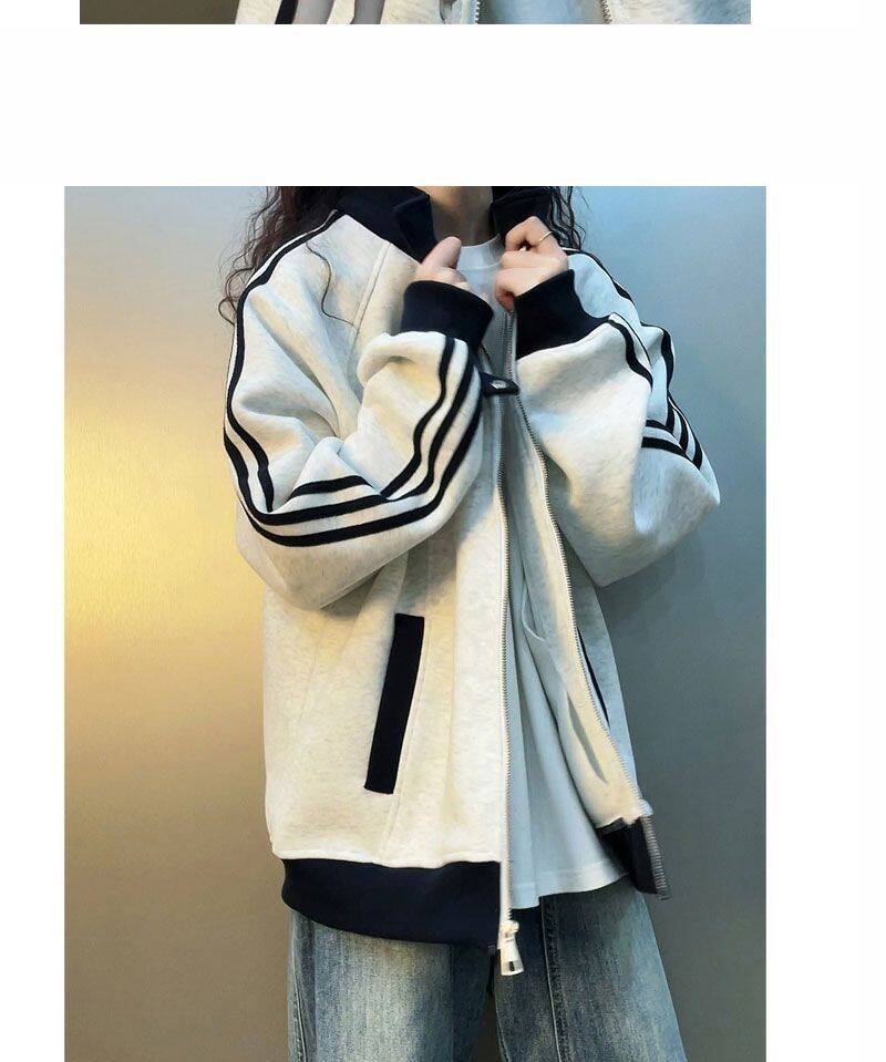 Áo khoác hoodie nữ dáng rộng phong cách bóng chày tay dài phối màu, dài áo 50–65 cm — Màu xanh tím than, Trắng hoa xám chi tiết 7