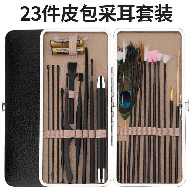 Fábrica en stock oreja recoger limpieza del oído cera limpieza pluma de ganso palo oreja recogiendo el color del pelo caja de madera oreja recogiendo herramienta traje