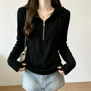 德绒罗纹半拉链连帽卫衣2026新款秋冬女款打底衫遮肚子设计感上衣