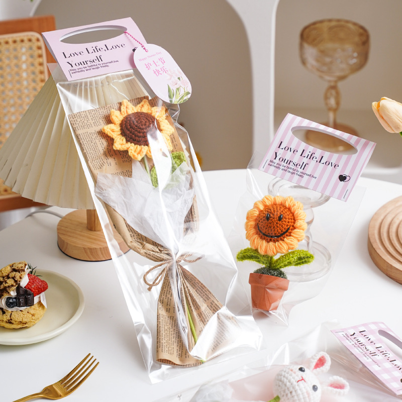 彩色手提鲜花包装袋 单支ins小花束透明材料袋花店手拎防水袋子