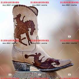 独立站外贸新款欧美复古女式骑士靴尖头粗跟女鞋刺绣民族风女靴