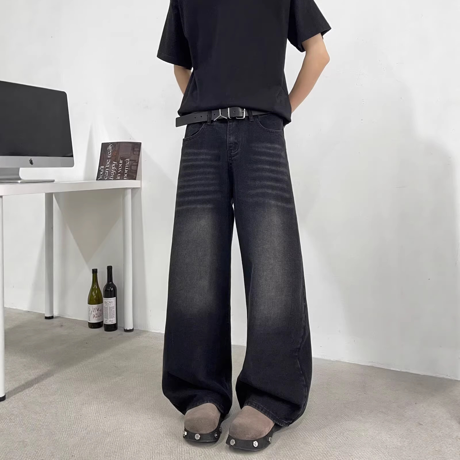 Men's American Vintage Black Saber-Cut Jeans – High Street Drop-Crotch Wide Leg Pants (S-3XL, Heavyweight Washed Denim)_mkmklike.com