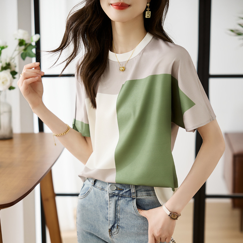 实拍设计感小众雪纺拼接短袖气质休闲女夏季新款宽松百搭圆领T恤