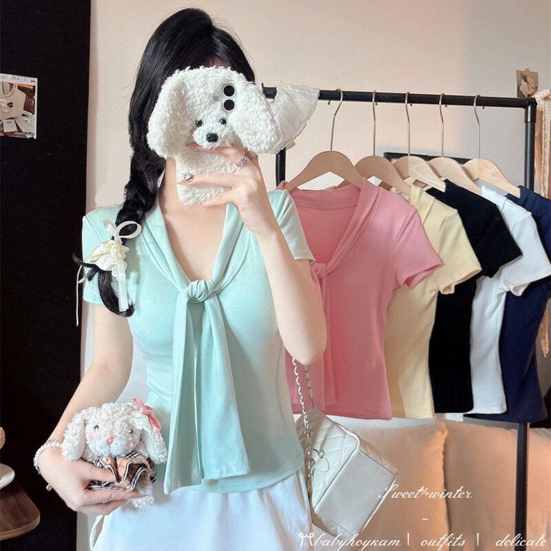 5150 # Korean Style V-Neck Short-Sleeve T-Shirt with Chest Pads, Slim Fit, Versatile Top for Women