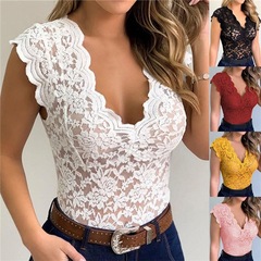 Wish New Lace Edge V-Neck Sexy Sheer Top B3067