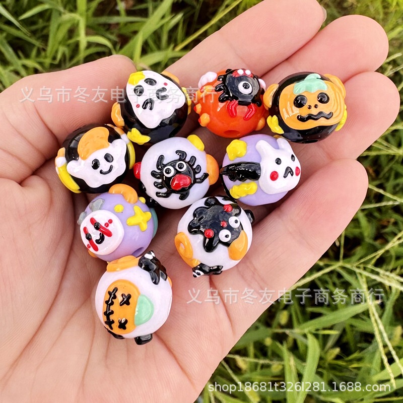 16mm卡通万圣节鬼节南瓜幽灵手绘珠diy手机链钥匙扣车挂串珠笔配|undefined