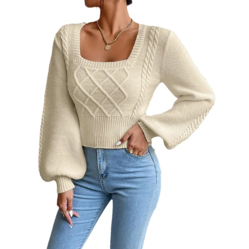 Amazon's new autumn and winter solid color square neck sweater, cross-border foreign trade women's tops, fashionable solid color versatile sweater