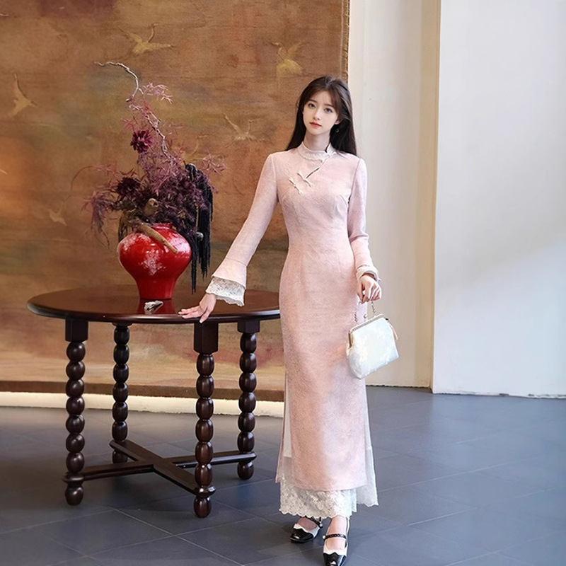 Pink Antique Traditional Improved Cheongsam Long Sleeve Retro Republic of China Style 2025 Early Spring New Daily Fake Two-Piece Dress