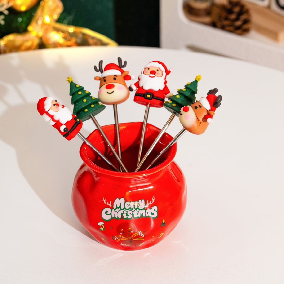 Bolsa de Navidad de cerámica contenedor de barril de acero inoxidable conjunto de horquilla de dibujos animados creativos horquilla de fruta de silicona etiqueta de postre