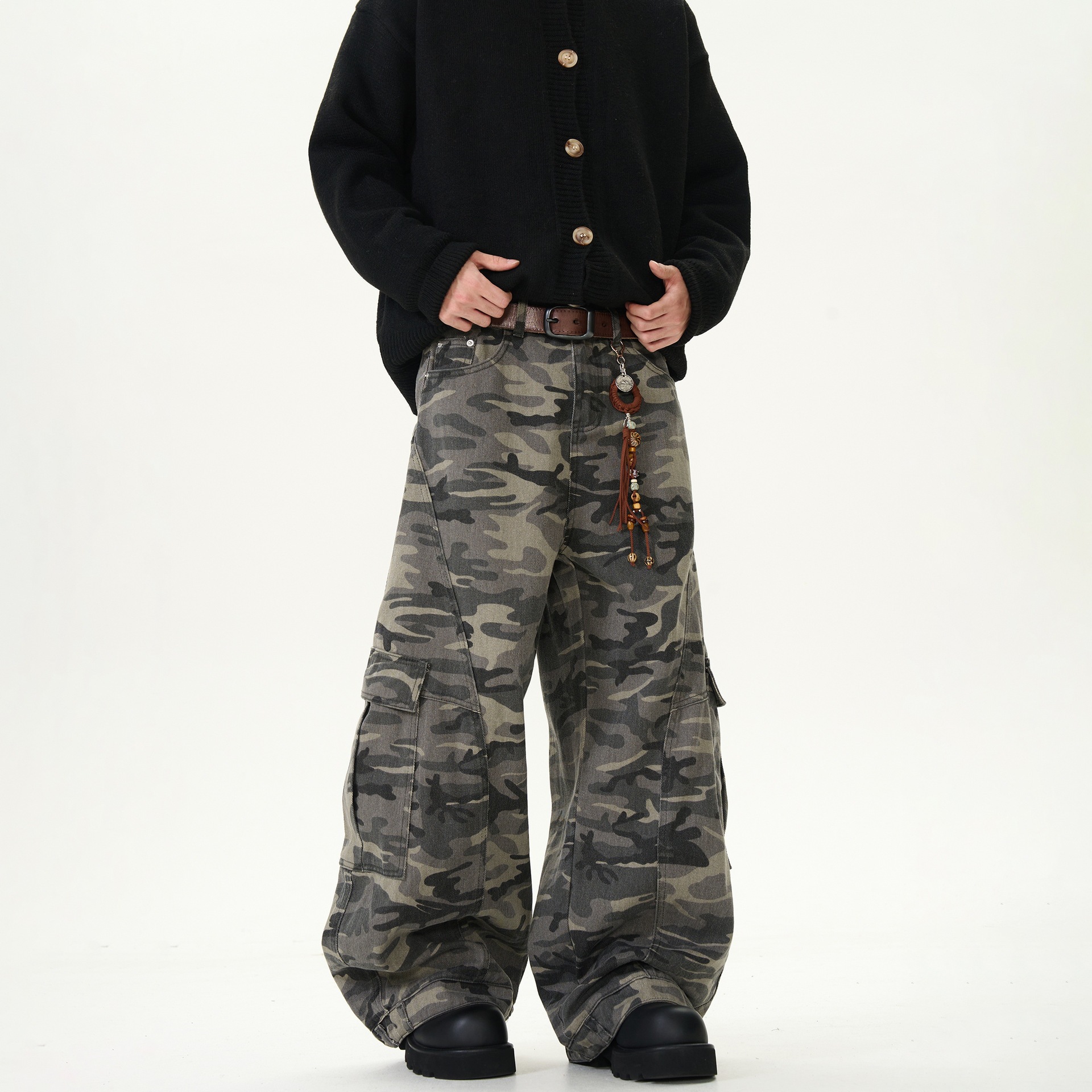 Unisex vintage militaire camouflage cargobroek met wijde pijpen, omkeerbaar ontwerp en functionele zakken, maten S-3XL_voghion.com