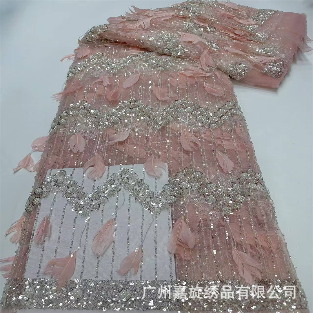 Nueva pluma vestido de tela brillante tubo de cuentas de lentejuelas tela de encaje boda laceJX2725