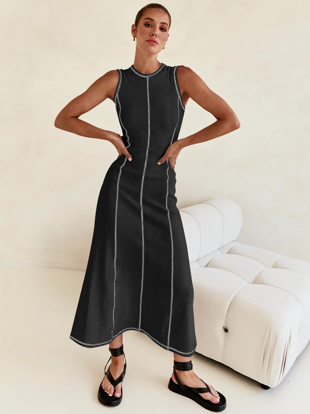 Women's Sheath Dress Streetwear Round Neck Sleeveless Stripe Solid Color Maxi Long Dress Daily display picture 18