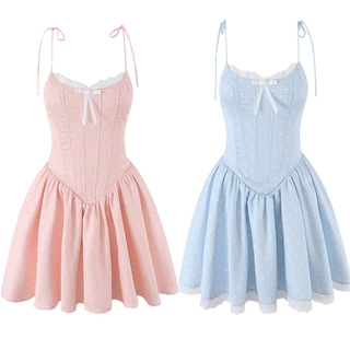 蝴蝶结蕾丝边公主生日礼服吊带连衣裙女夏鱼骨塑腰精致聚会短裙