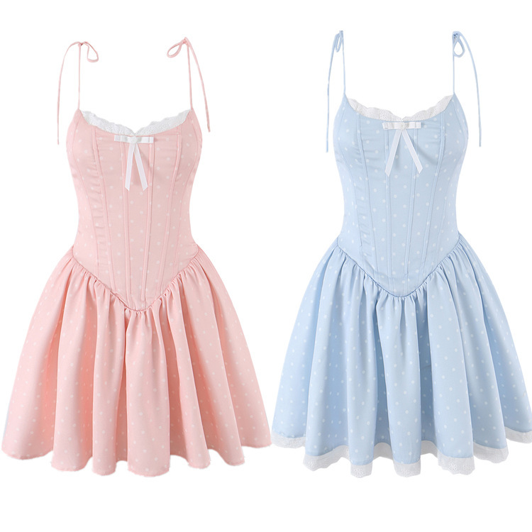 Bowknot Lace-Trimmed Princess Birthday Dress, Spaghetti Strap Dress for Women, Summer Fishbone Waist-Shaping Exquisite Party Short Dress