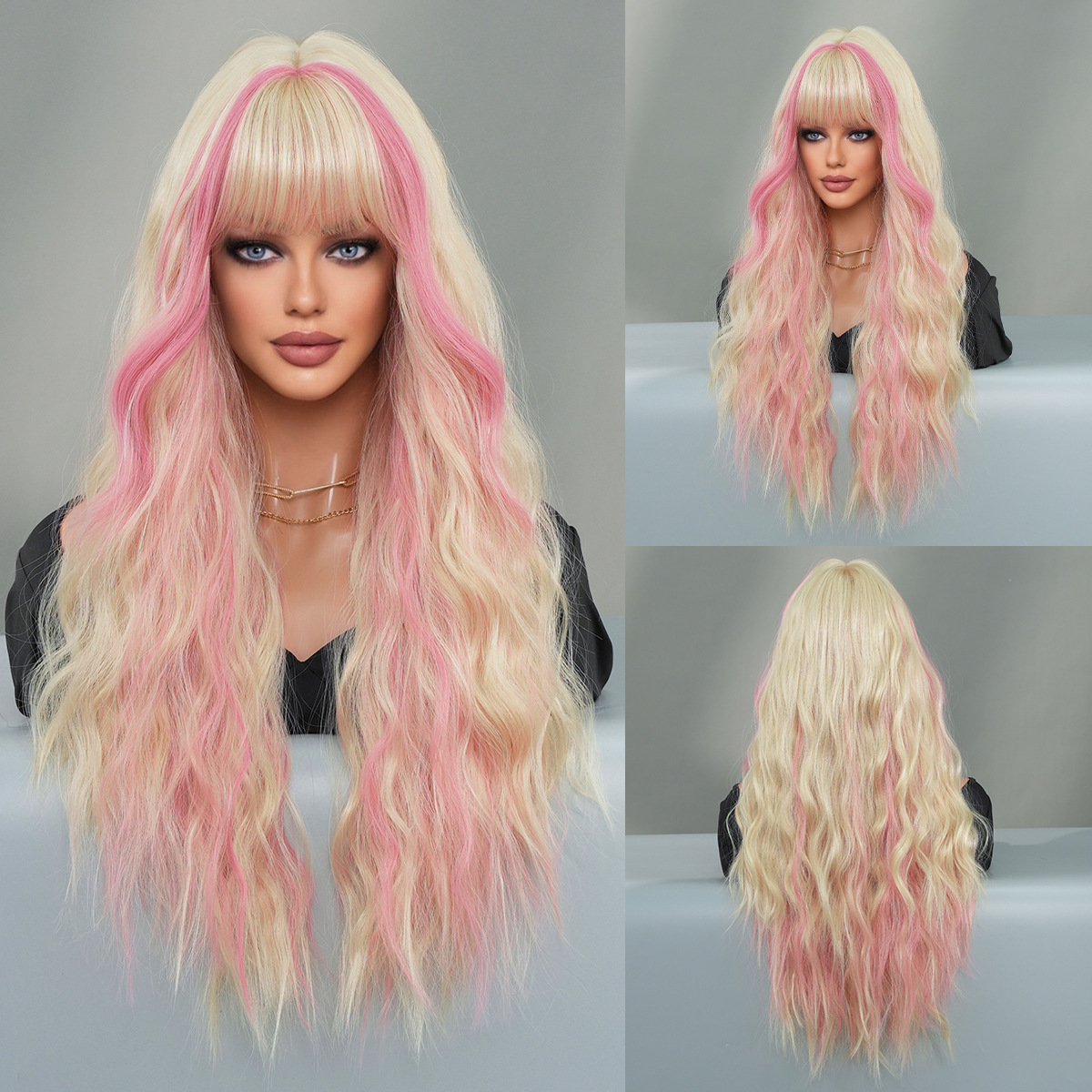 Multi Color Gradient European American Style Long Wig With Bangs Water Ripple Pattern Machine Made Chemical Fiber High Temperature Silk_voghion.com