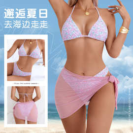 加工定制欧美跨境泳衣女性感露背三点式比基尼三件套欧美分体泳衣