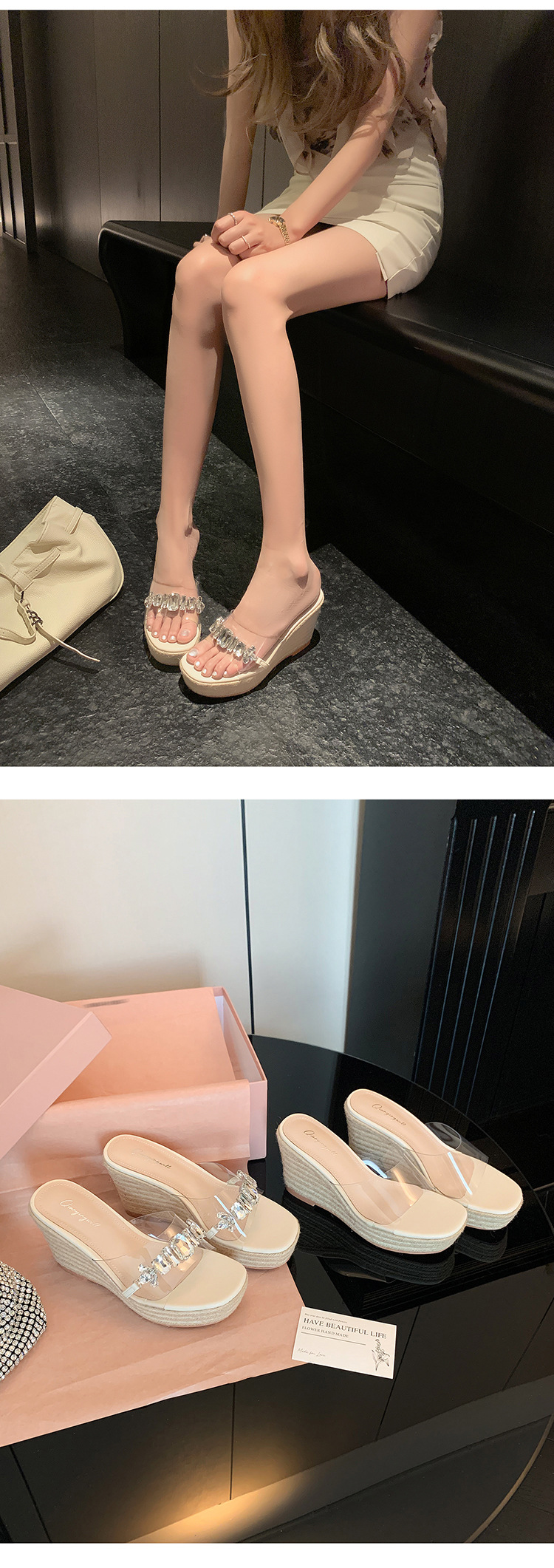 Sandal cao gót nữ đính đá quai ngang mũi hở đế xuồng cao gót 9 cm — Mặt đính đá trắng kem, Mặt trơn trắng kem chi tiết 10