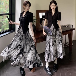 New Chinese Style National Style Suit Retro Ink Waist Slimming Skirt Short-Sleeved Shirt Two-Piece Set for Women Summer New Style