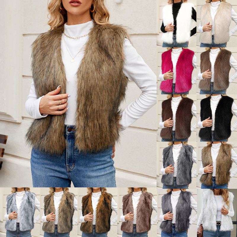 F0598 European and American Export V Neck Short Women's Imitation Fur Outwear Vest Top Artificial Fur Vest New Product