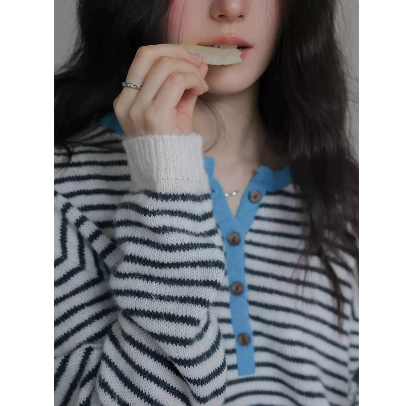 1313 blue and white striped color-block half-button placket 2026 new autumn wool comfortable casual pullover sweater